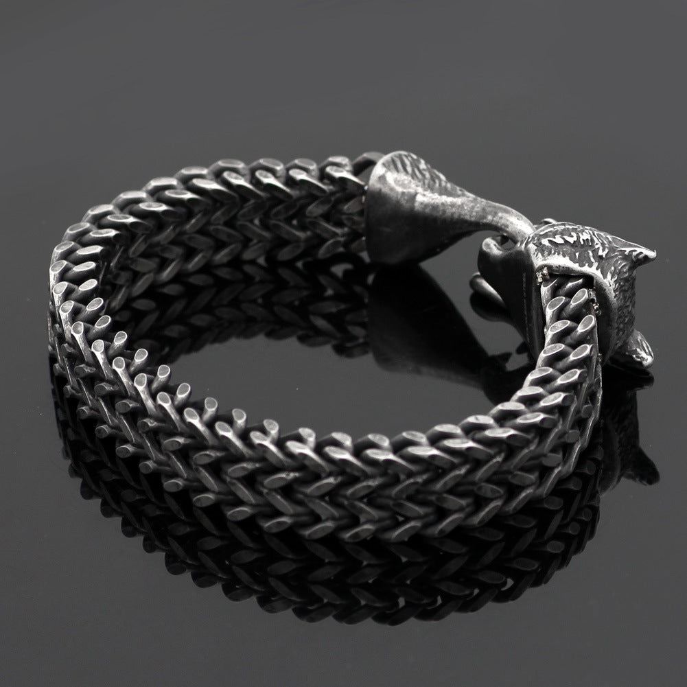 Bracelet Men Stainless Steel Vintage Black Dire Wolf Head Cuban Chain Hand