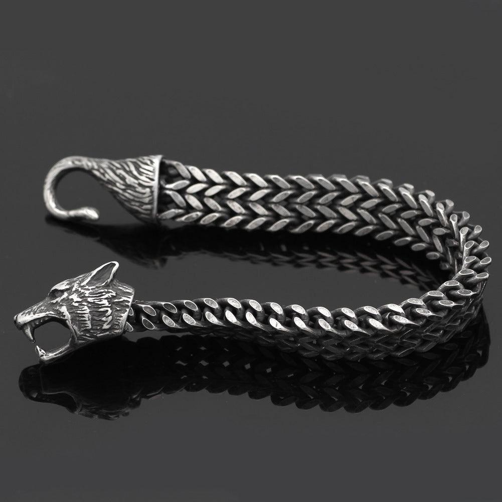 Bracelet Men Stainless Steel Vintage Black Dire Wolf Head Cuban Chain Hand