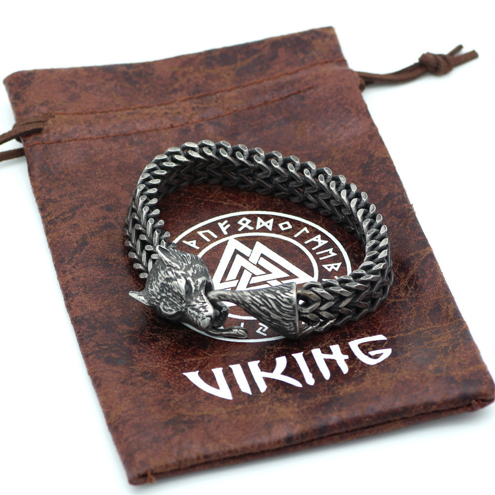 Bracelet Men Stainless Steel Vintage Black Dire Wolf Head Cuban Chain Hand