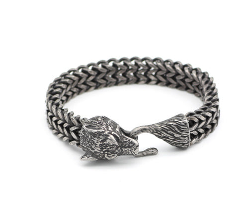 Bracelet Men Stainless Steel Vintage Black Dire Wolf Head Cuban Chain Hand