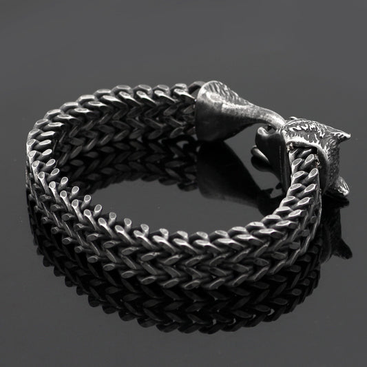 Bracelet Men Stainless Steel Vintage Black Dire Wolf Head Cuban Chain Hand